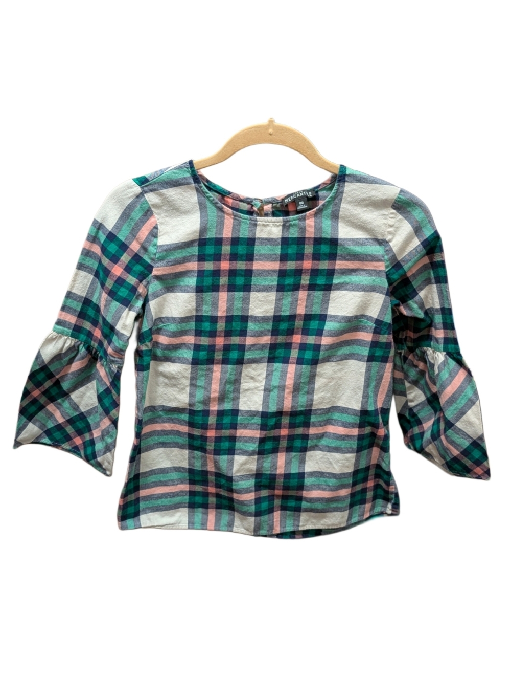 J.Crew Mercantile Plaid Bell Sleeve Shirt in Cream, Green & Coral